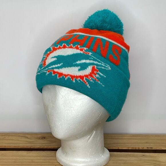 Miami Dolphins Pom Pom Beanie Sherpa Lined  Kids Size - Picture 1 of 10